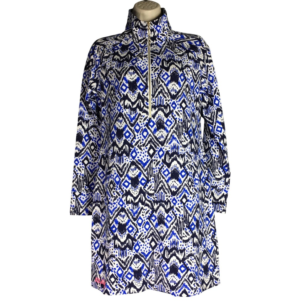 Lilly Pulitzer Sz‎ S Skipper Popover Dress Blue White Ikat Diamond French Terry